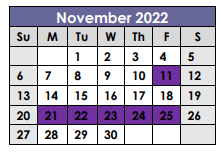 District School Academic Calendar for Bastrop County Juvenile Boot Camp for November 2022