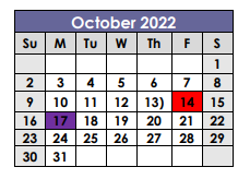 District School Academic Calendar for Elgin H S for October 2022