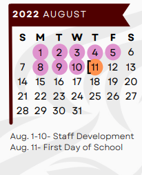 District School Academic Calendar for Early Childhood Center for August 2022