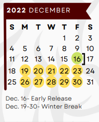 District School Academic Calendar for 6th Grade Center for December 2022
