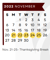 District School Academic Calendar for 6th Grade Center for November 2022