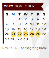 District School Academic Calendar for Bowie Elementary for November 2022