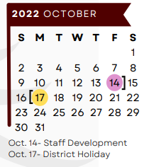 District School Academic Calendar for 6th Grade Center for October 2022