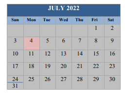 District School Academic Calendar for Hospital & Homebound for July 2022