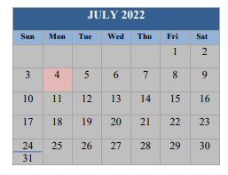 District School Academic Calendar for Wedgewood Middle School for July 2022