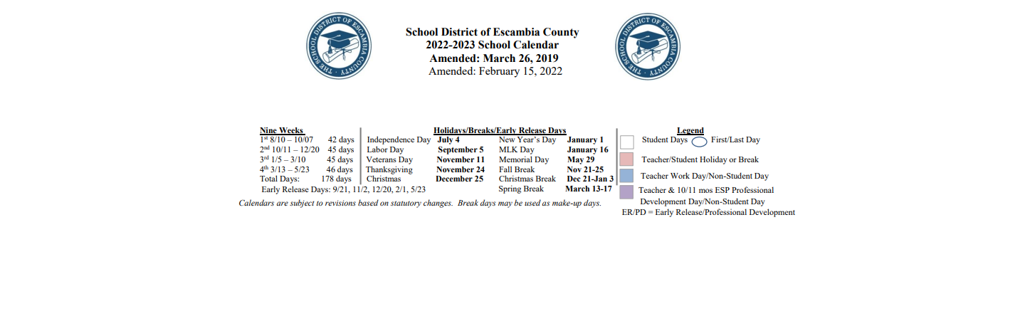 District School Academic Calendar Key for E Seal Center