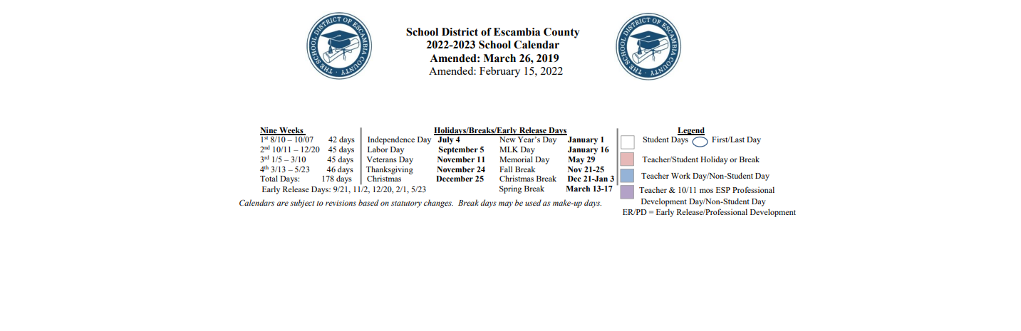 District School Academic Calendar Key for Escambia SCH. DIST. Jail PROG.