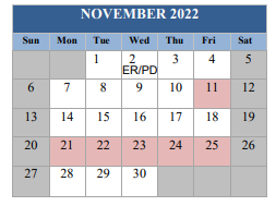 District School Academic Calendar for Escambia SCH. DIST. Jail PROG. for November 2022