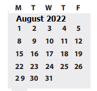 District School Academic Calendar for Family School for August 2022