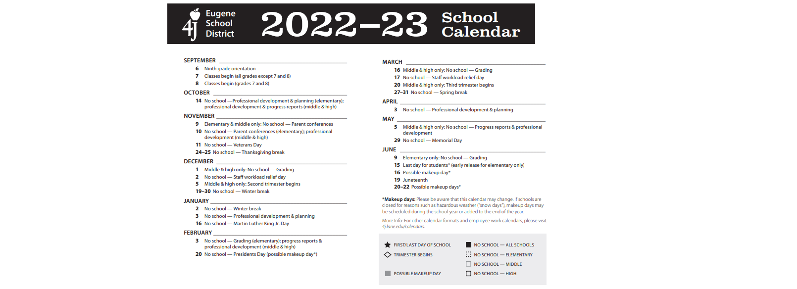 District School Academic Calendar Key for Monroe Middle School