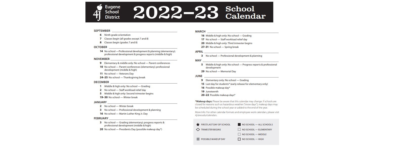 District School Academic Calendar Key for South Eugene High School