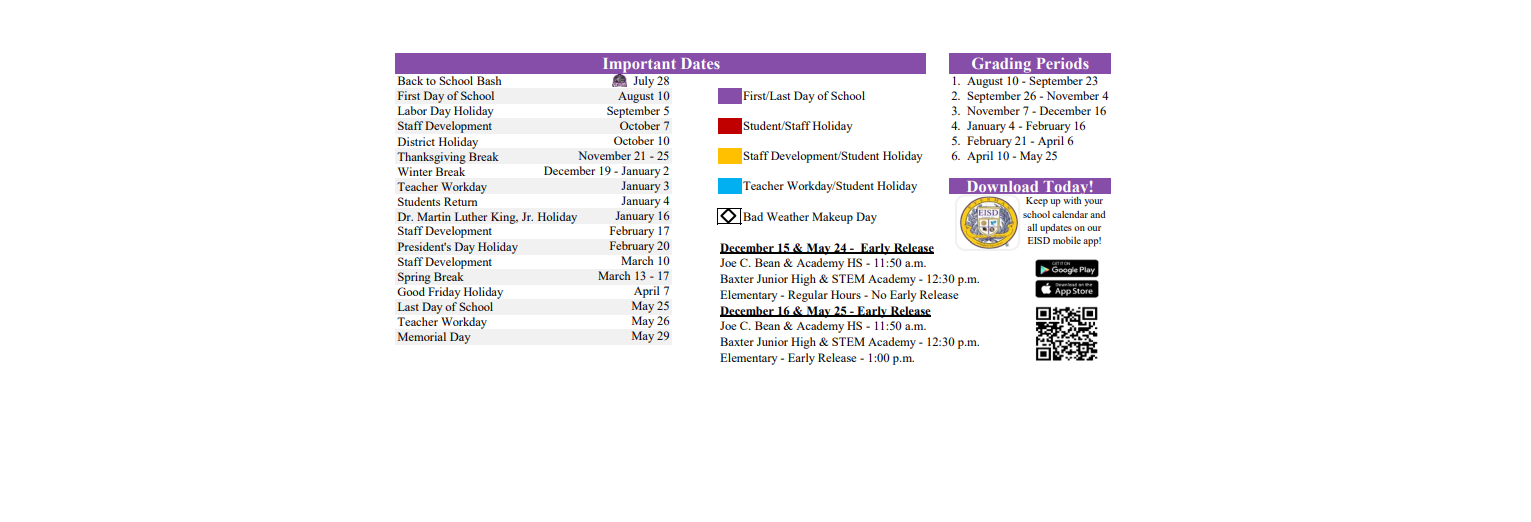 District School Academic Calendar Key for Everman J H