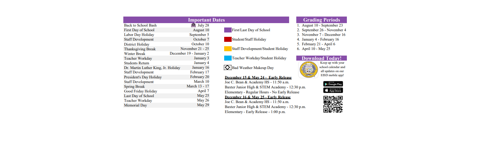 District School Academic Calendar Key for Bishop Elementary