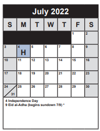 District School Academic Calendar for Braddock Elementary for July 2022