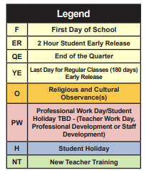 District School Academic Calendar Legend for Braddock Elementary