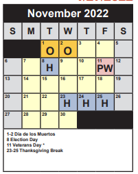 District School Academic Calendar for Thoreau Middle for November 2022