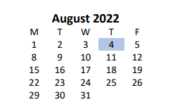 District School Academic Calendar for Cardinal Valley Elementary School for August 2022