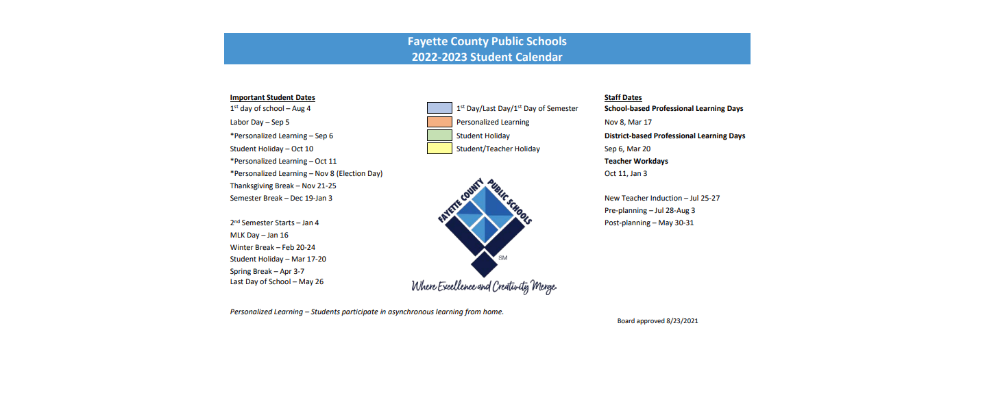 District School Academic Calendar Key for Fayette Elementary School