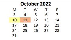 District School Academic Calendar for Bluegrass Assessment Center for October 2022