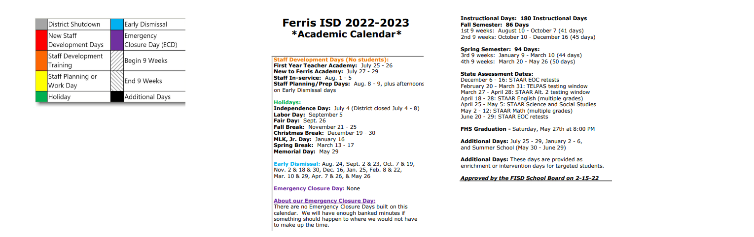 District School Academic Calendar Key for Ferris Intermediate