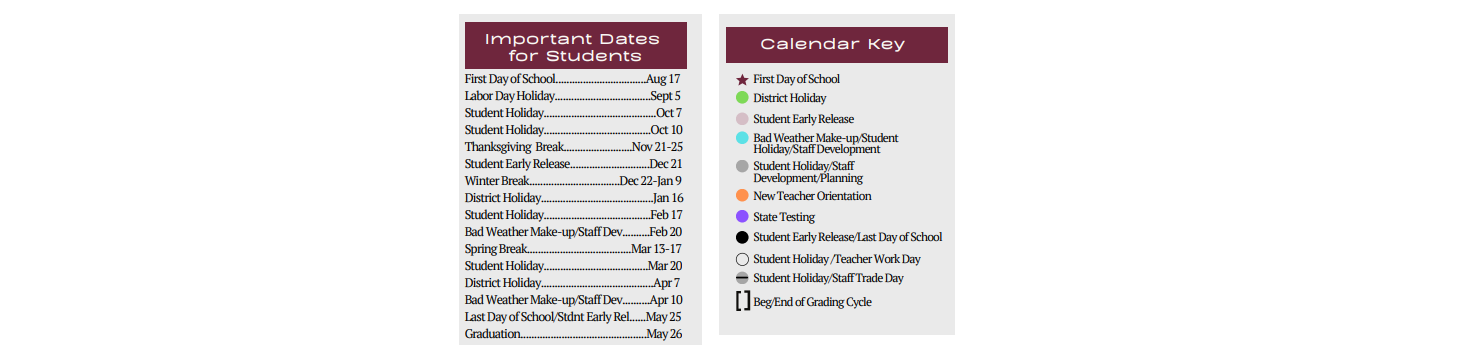 District School Academic Calendar Key for Early Childhood Ctr