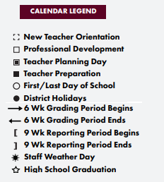 District School Academic Calendar Legend for Early Childhood Center