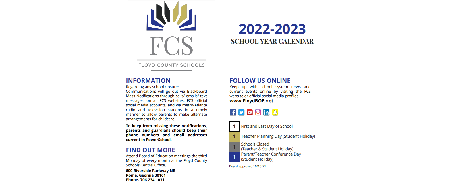 District School Academic Calendar Key for South Floyd Middle School