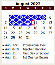 District School Academic Calendar for L E Claybon Elementary for August 2022