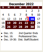 District School Academic Calendar for A E P for December 2022