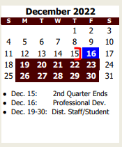 District School Academic Calendar for Blackburn Elementary School for December 2022