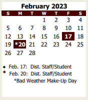 District School Academic Calendar for L E Claybon Elementary for February 2023