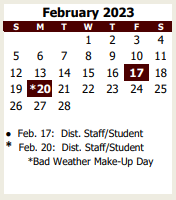 District School Academic Calendar for A E P for February 2023