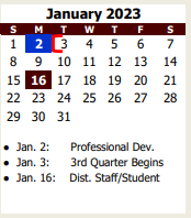 District School Academic Calendar for High School #2 for January 2023