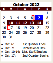 District School Academic Calendar for High School #2 for October 2022