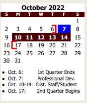 District School Academic Calendar for A E P for October 2022