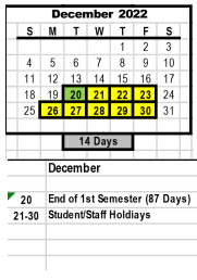District School Academic Calendar for The Downtown School for December 2022