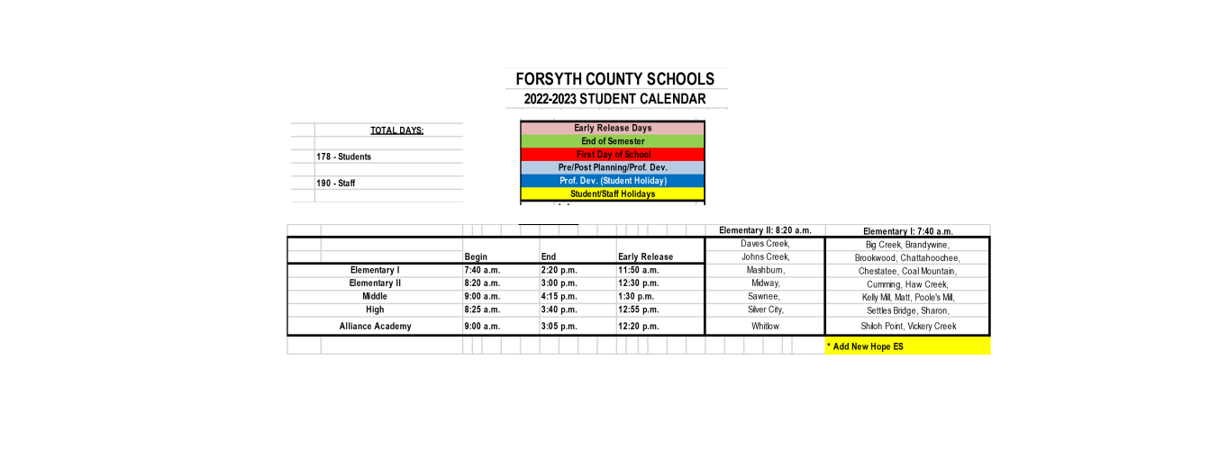 District School Academic Calendar Key for Southeast Middle