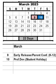 District School Academic Calendar for The Special Children's School for March 2023