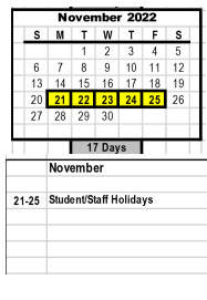 District School Academic Calendar for The Downtown School for November 2022