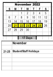 District School Academic Calendar for Reagen High for November 2022