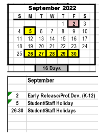 District School Academic Calendar for Griffith Alternative School for September 2022