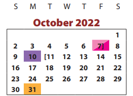 District School Academic Calendar for Sienna Crossing Elementary for October 2022