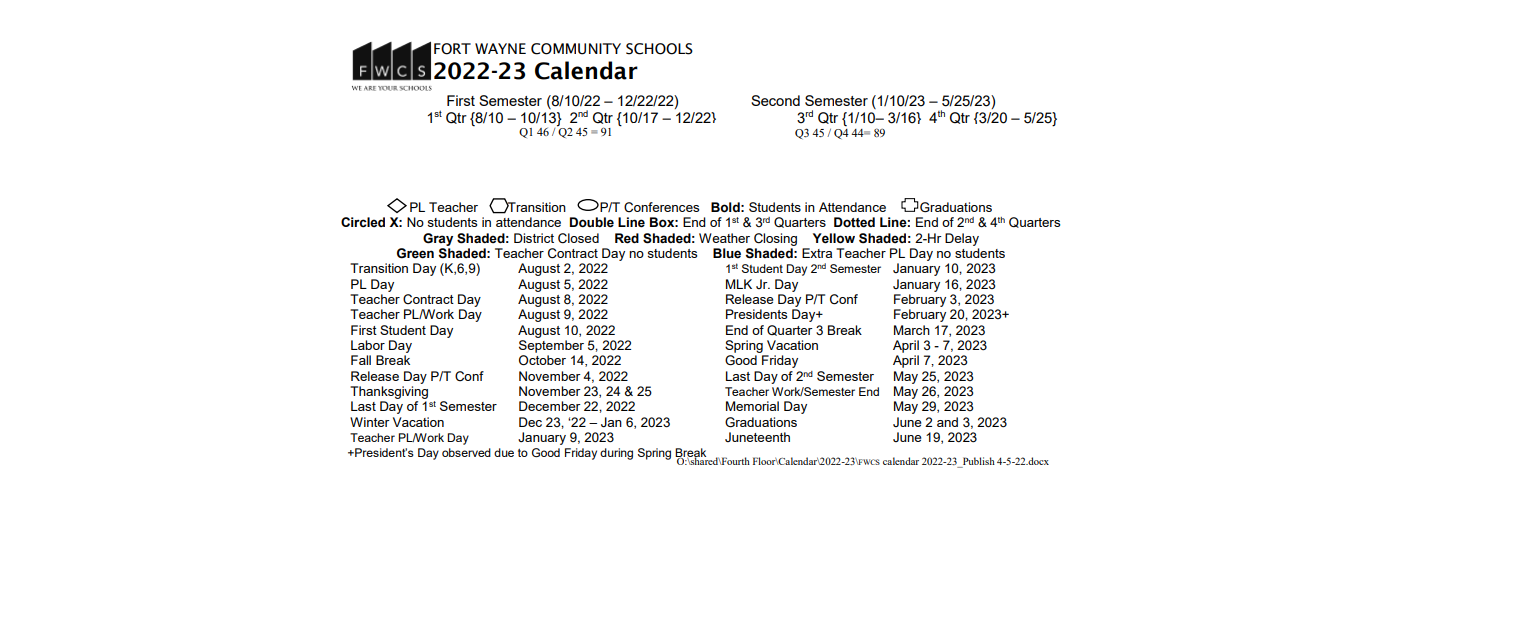 District School Academic Calendar Key for South Wayne Elementary School