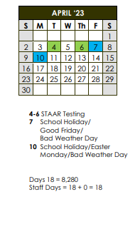 District School Academic Calendar for Fredericksburg Primary School for April 2023