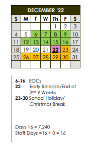 District School Academic Calendar for Fredericksburg Primary School for December 2022