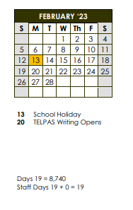 District School Academic Calendar for Fredericksburg Primary School for February 2023