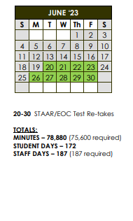 District School Academic Calendar for Fredericksburg H S for June 2023