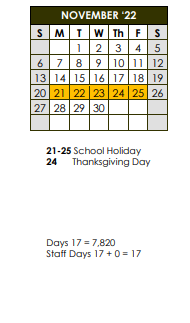 District School Academic Calendar for Fredericksburg H S for November 2022