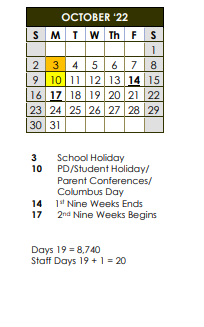 District School Academic Calendar for Fredericksburg Primary School for October 2022