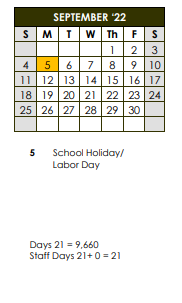 District School Academic Calendar for Fredericksburg Primary School for September 2022